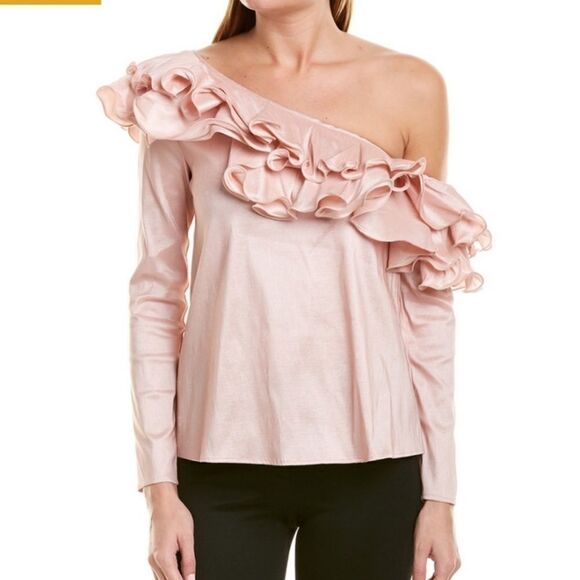 NWT Petersyn Lou One Shoulder Blouse- Cameo Pink Ruffle Size Small - Picture 12 of 12